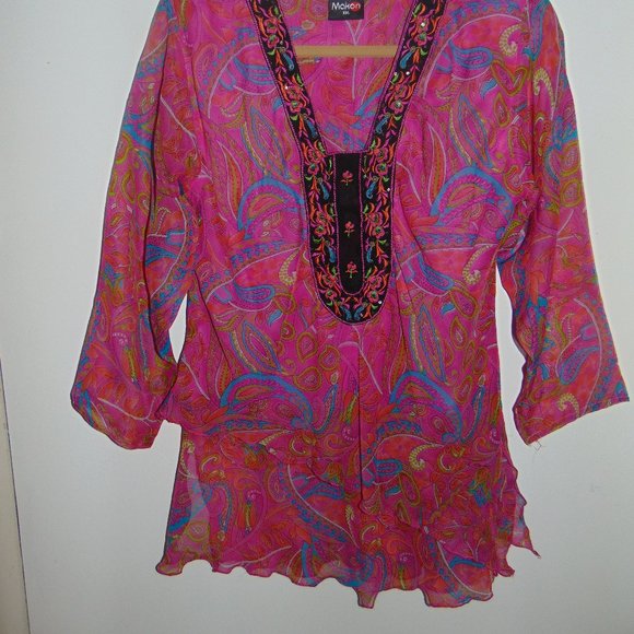 Makon Chic Luxury Resort Embroidered Caftan Tunic Blouse Fuchsia PINK SZ XXL - Picture 2 of 8